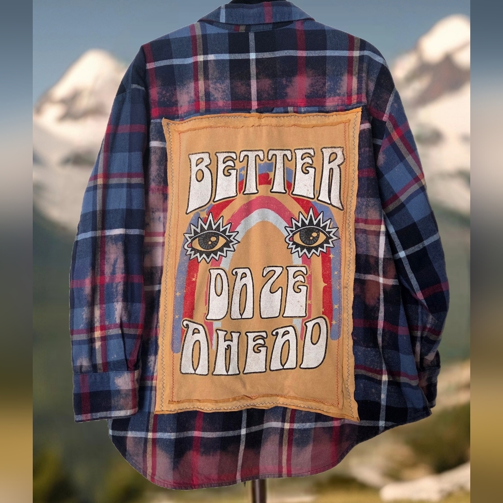 Upcycled BETTER DAZE Rainbow graphic Tshirt Distressed Flannel Shirt